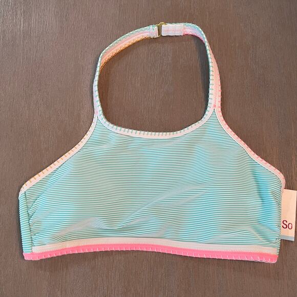 SO Juniors Pop Stitch Ribbed High Neck Swim Bikini Top 360 Mint Size M (7-9) - Picture 3 of 9